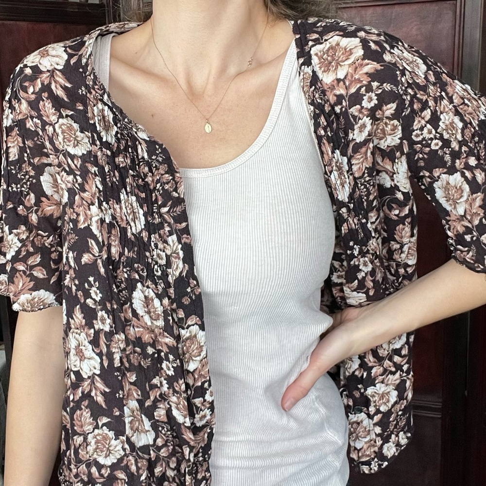 Ralph Lauren XS brown cream cropped button down blouse Vintage Inspired